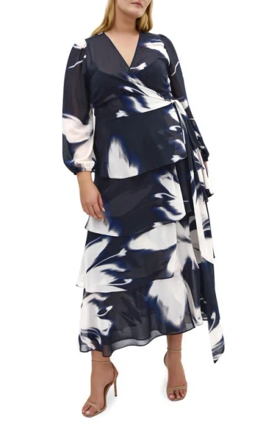 City Chic Selene Floral Print Long Sleeve Wrap Dress In Multi