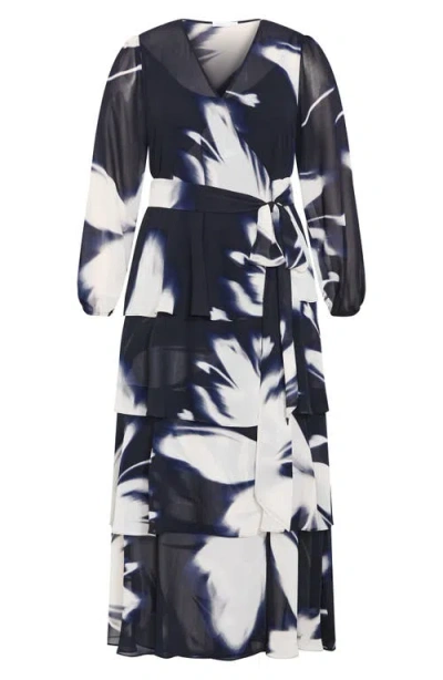 City Chic Selene Floral Print Long Sleeve Wrap Dress In Multi