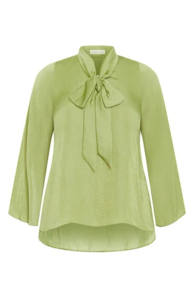 City Chic Mahalia Tie Neck Satin Top In Green