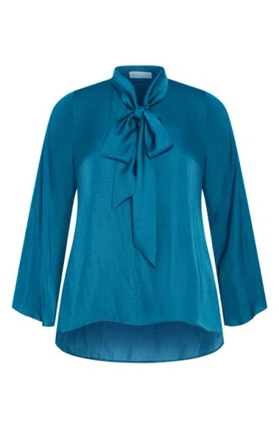 City Chic Mahalia Tie Neck Satin Top In Blue