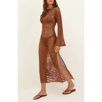 Vix Paula Hermanny Belle Long Sleeve Sheer Cover-up Dress In Brown