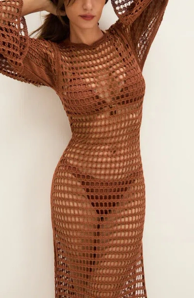 Vix Paula Hermanny Belle Long Sleeve Sheer Cover-up Dress In Brown