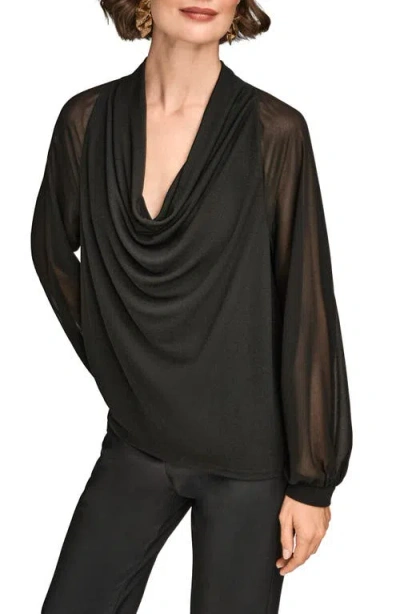 Donna Karan New York Sheer Sleeve Cowl Neck Top In Blue