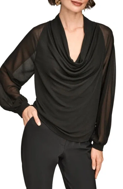 Donna Karan New York Sheer Sleeve Cowl Neck Top In Blue