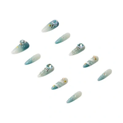 3h Nails Ocean Goddess Teal Ombre Handmade Reusable Press-on Nails, 10-piece