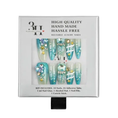 3h Nails Ocean Goddess Teal Ombre Handmade Reusable Press-on Nails, 10-piece