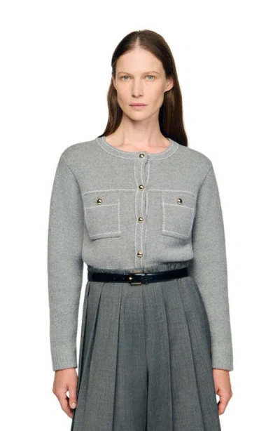 Sandro Womens Grey Contrast-stitch Wool-blend Cardigan In Gray