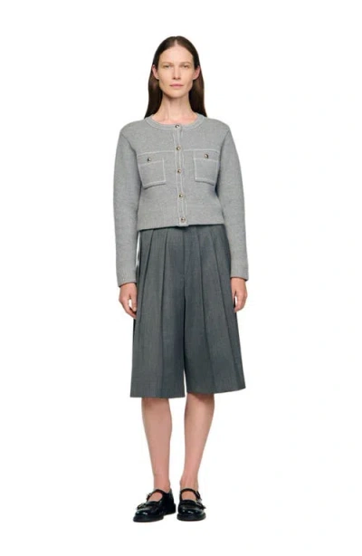 Sandro Womens Grey Contrast-stitch Wool-blend Cardigan In Gray