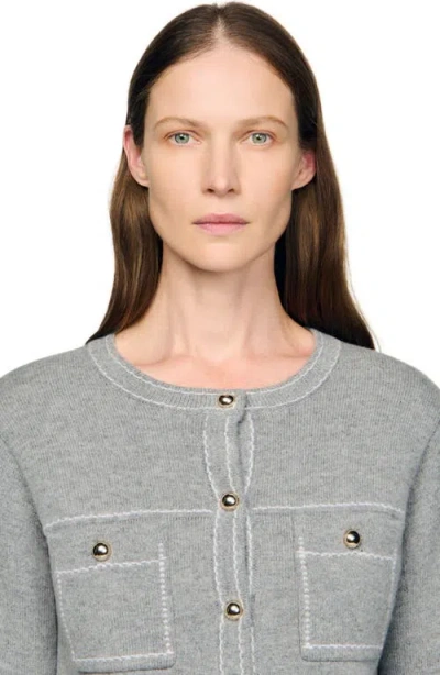 Sandro Womens Grey Contrast-stitch Wool-blend Cardigan In Gray