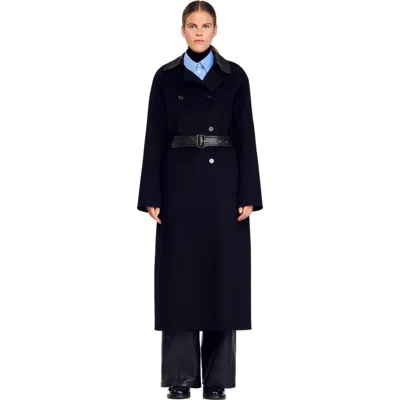 Sandro Long Wool And Leather Coat In Black