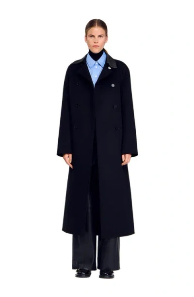 Sandro Long Wool And Leather Coat In Black