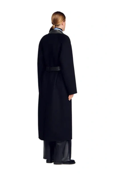 Sandro Long Wool And Leather Coat In Black