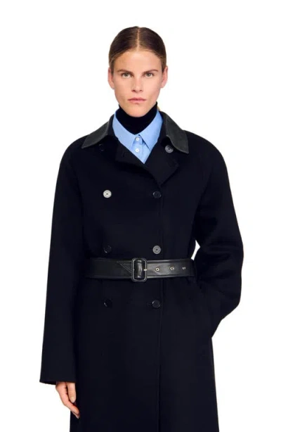 Sandro Long Wool And Leather Coat In Black