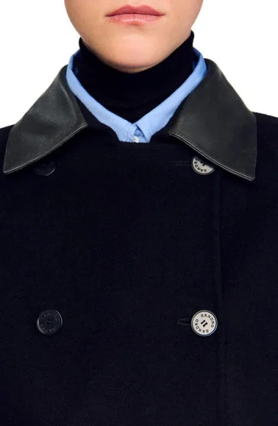 Sandro Long Wool And Leather Coat In Black