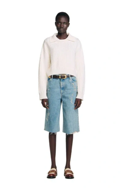 Sandro Womens Ecru Sailor-neck Cable-knit Wool Jumper In Nude