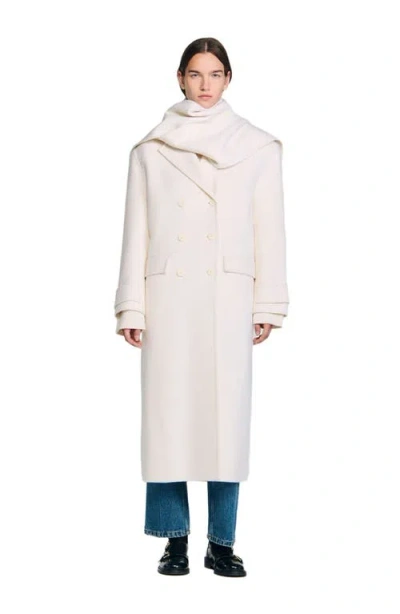 Sandro Oversized Wool Coat With Removable Scarf In White