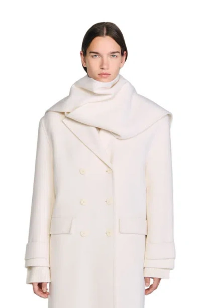 Sandro Oversized Wool Coat With Removable Scarf In White
