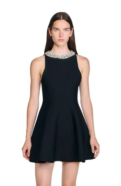 Sandro Womens Black Crystal-embellished Sleeveless Knitted Mini Dress