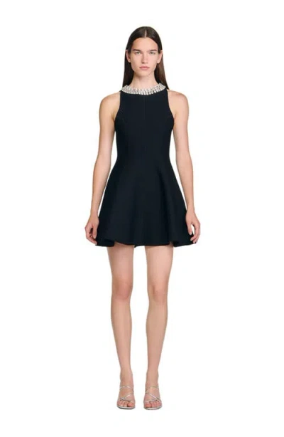 Sandro Womens Black Crystal-embellished Sleeveless Knitted Mini Dress