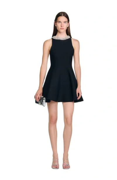 Sandro Womens Black Crystal-embellished Sleeveless Knitted Mini Dress