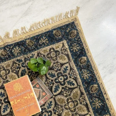 Mela Artisans Kalamkari Handprinted Rug In Blue