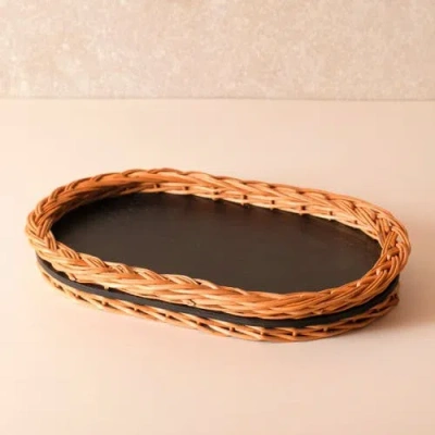 Mela Artisans Wicker & Wood Serving Tray In Brown