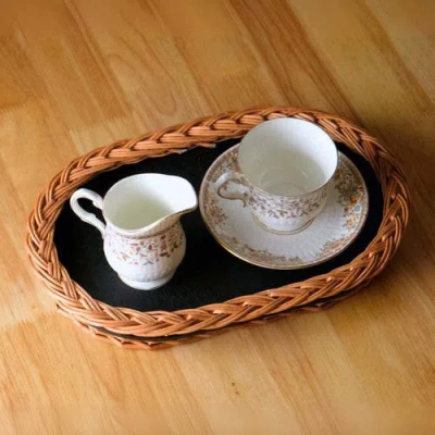 Mela Artisans Wicker & Wood Serving Tray In Brown