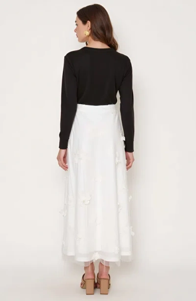 Modenaire Embroidered Mesh Maxi Skirt With 3d Floral Appliqué In White