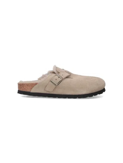 Birkenstock Boston Shearling Suede Slippers In Brown