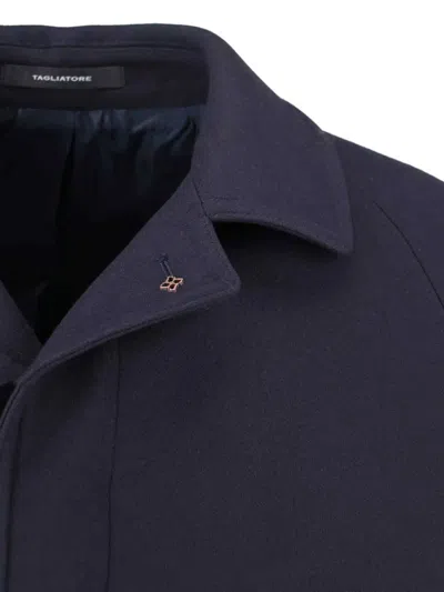 Tagliatore Blue Jacket With Classic Collar And Concealed Button Placket In Blue