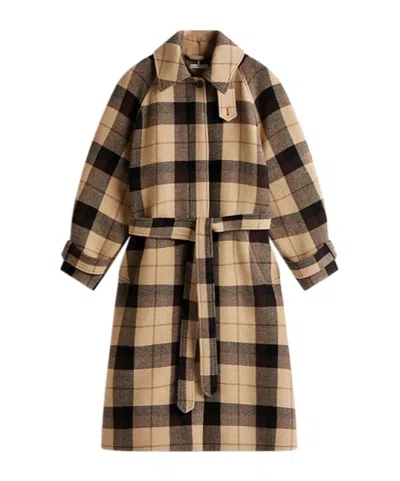 Tommy Hilfiger Long Check Pattern Belted Wool Coat In Brown