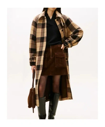 Tommy Hilfiger Long Check Pattern Belted Wool Coat In Brown