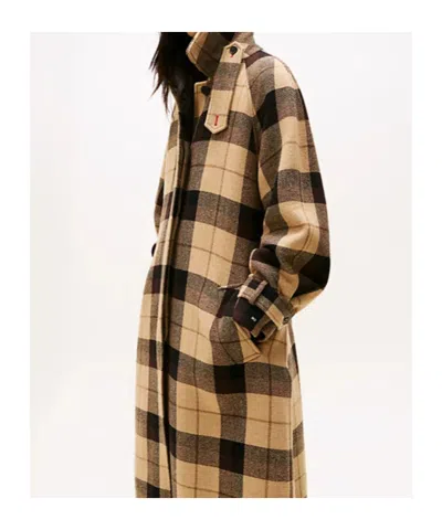 Tommy Hilfiger Long Check Pattern Belted Wool Coat In Brown