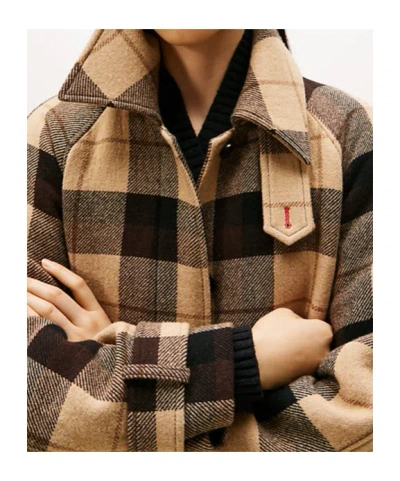 Tommy Hilfiger Long Check Pattern Belted Wool Coat In Brown