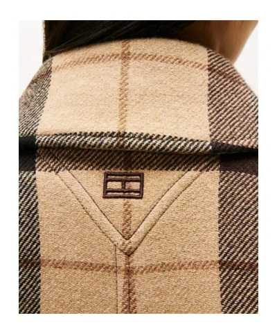 Tommy Hilfiger Long Check Pattern Belted Wool Coat In Brown