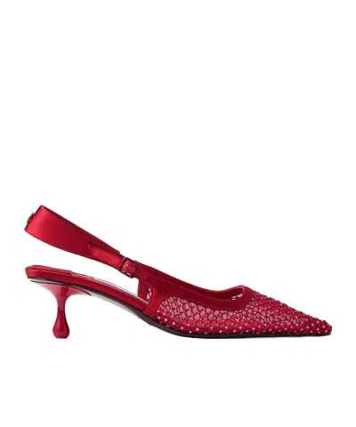 Jimmy Choo Amel 50 Crystal-embellished Mesh And Satin Slingback Pumps In Red