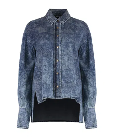 Just Cavalli Denim Shirt Featuring Asymmetrical Hem In Blue