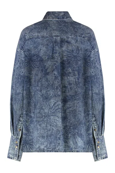 Just Cavalli Denim Shirt Featuring Asymmetrical Hem In Blue