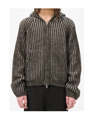 Our Legacy Mens Level Ribbed Wool Hoodie Vanise Brown Stripe In Gray