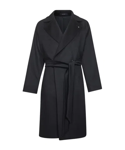 Tagliatore Blue Virgin Wool Hendricks Wrap Coat In Black