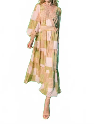 Flying Tomato Stripes Printed Woven Midi Dress In Taupe Green Coral In Multi