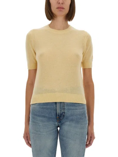 Guest In Residence Short-sleeved Fitted Cashmere Shirt With Ribbed Detailing In Yellow