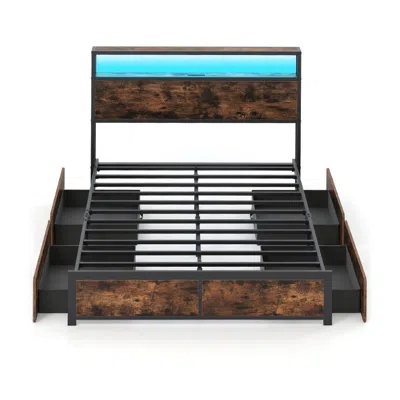 Hivvago Full Size Led Bed Frame With Charging Station And 4 Storage Drawers In Brown