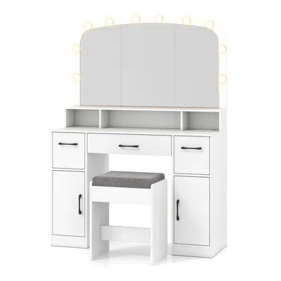 Hivvago Vanity Desk Makeup Table With Stool 3-color Lights And Charging Station In White