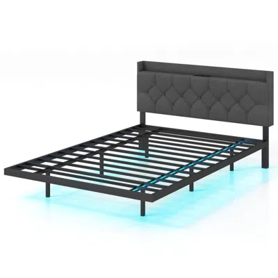 Hivvago Floating Bed Frame With Led And Headboard And Charging Station In Gray