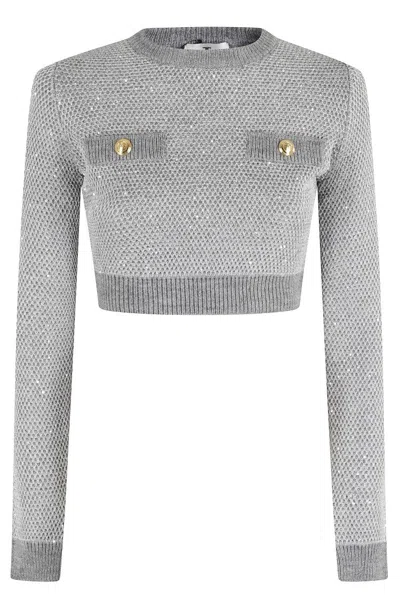 Elisabetta Franchi Cropped Grey Melange Sequin Sweater With Jewel Buttons In Gray