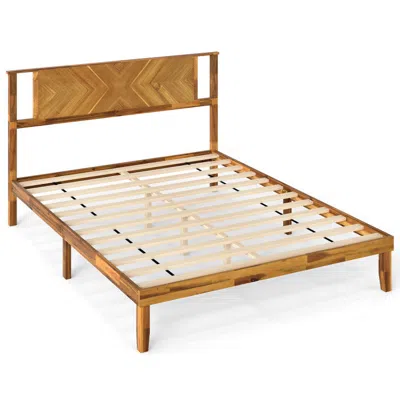 Hivvago Bed Frame Mid-century Acacia Wood Platform Bed With Headboard In Brown