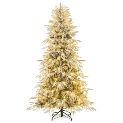Breebe Snow-flocked Artificial Christmas Tree Pre-lit Hinged Xmas Tree With Warm White Led Lights In Green