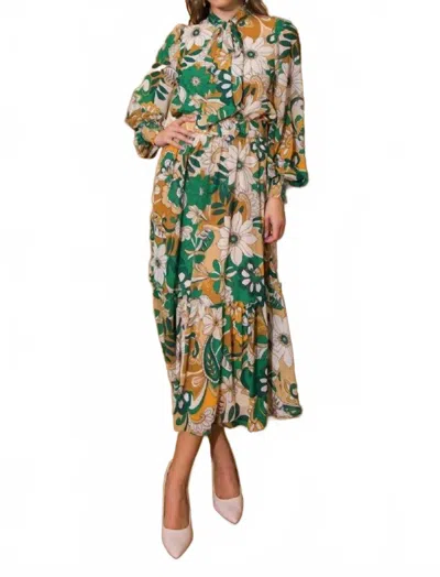 Flying Tomato Floral Printed Woven Midi Dress In Green Multi In Green