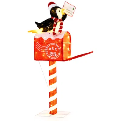 Breebe Christmas Lighted Penguin On Mailbox Pre-lit Xmas Decoration With 100 Led Warm White Lights In Red